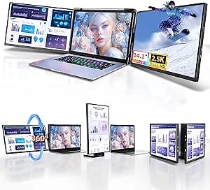 Pitycbo Laptop Screen Extender Monitor Portable - 2.5K Triple Laptop Screen Extender, Plug and Play Multiple Screens Extended Fits 13-17.3 Inch Laptops Compatible with, Windows, Chrome, Dex