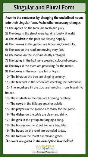 📝 Nouns : Singular and Plural | Worksheet with Answers 🧑🏻‍🏫 | English Grammar for Class 5 #english