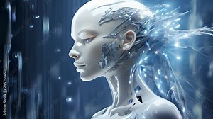 Futuristic female android with glowing fragments against a backdrop of streaming data