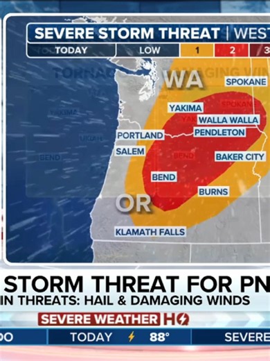 🌩️RARE SEVERE WEATHER THREAT: Parts of the Pacific Northwest are under a severe storm threat for the first time in 3 years. Damaging wind gusts, hail and a tornado or two are possible this afternoon across parts of eastern Washington and eastern Oregon. Heavy rain and flash flooding are also possible. Details: #thunderstorm #washington #spokane #oregon #idaho #cascades