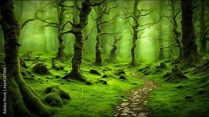 Path in the middle of a mystical green forest covered in moss when it rains. 4k quality looping video