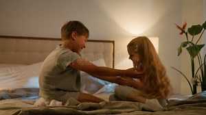 Carefree Happy Funny Caucasian Children Kids Boy Girl Brother Sister Siblings Friends Playing Tickling Together at Home Stock Video - Video of caucasian, activity: 291865309