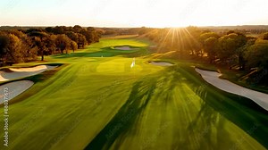 Aerial shot 4K Drone flying capturing massive golf course at national golf club. Beautiful landscape and sport field sunlight