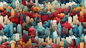 Seamless loop 4k video background. Illustration with panorama of big city. Cartoon cityscape. Urban Architecture silhouette with Skyscrapers, clouds, smoke. Day time. Big city ecology. Soft colors.