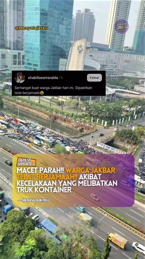 Kemacetan di kawasan Grogol menuju Tomang, Jakarta Barat, diduga imbas kecelakaan yang melibatkan truk kontainer, tepat setelah Halte Tanjung Duren arah Slipi. Kontainer yang menabrak disebut sudah berhasil dievakuasi, tetapi dampak kemacetannya masih terasa. Rute TransJakarta 3F, 9, dan 9A juga dilaporkan ikut terdampak hingga tidak bergerak. “Semangat buat warga Jakbar hari ini. Dipastikan telat berjamaah,” tulis salah satu unggahan warganet. Pengendara yang melintas di sekitar lokasi diimbau 