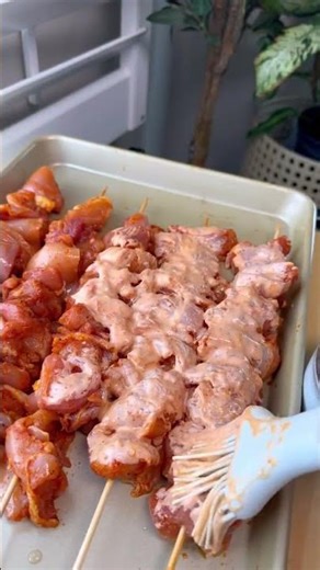 Grilled or air fried spicy Bang Bang Chicken Skewers seasoned. @sailor_bailey