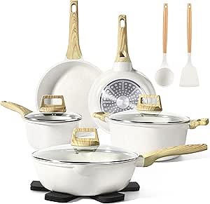 GiPP Pots and Pans Set Non Stick - 14 Pcs White Granite Kitchen Cookware Sets Nonstick Induction Cookware Cooking Pan Set with Frying Pans, Saucepans and Silicone Utensils, PFOS & PFOA Free