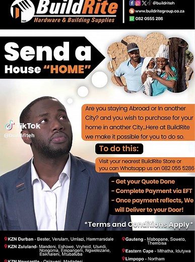 Distance doesn’t stop you from building back home. 🏠 With BuildRite, you can buy, pay, and deliver building materials to your loved ones — no matter where you are. Send a house HOME today🙆‍♂️. Reach out to us on Whatsapp, and let's make your experience with us exceptional.😁 #special #deals #bargain #building #exteriordesign #interiordesign #sale #buildrite #buildritehardware #BuildRite #buildritehardware #sale #special #buildritehardware #phoenix #Umlazi #hammarsdale #osizweni #empangeni #ngw