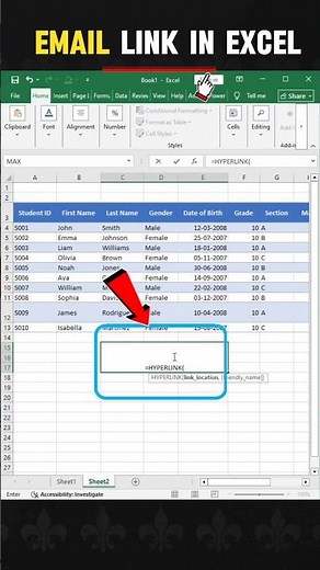 Create Email Link in Excel Using HYPERLINK Formula 📧 | One-Click Send Mail ✅#excel#shorts