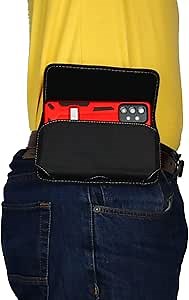 Nylon Cell Phone Pouch for Samsung Galaxy A35 A25 A23 A21 A20 A50 Holster with Belt Loop, Rugged, Magnetic Closure, Phone Belt Holder, Fits with Slim-fit Case On Smartphone (Black-Sideways)