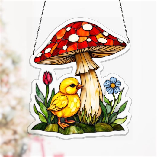 Rustic Nature Lover Red Mushroom and Chick Hanging Art Panel, Vintage Woodland Flat Printed Acrylic Suncatcher, Spring Prop - Etsy