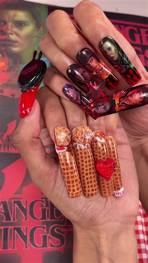 Stranger Things Waffle Press Nail Set ASMR ❤️🧇 #nails #nailtutorial #acrylicnails #strangerthings #strangerthings4