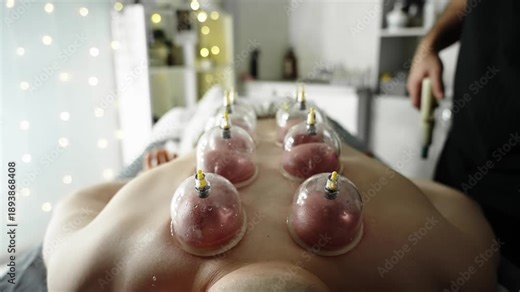 Therapeutic cupping session on a bare back with multiple suction cups as a practitioner adjusts the pump in a clinic, highlighting wellness, relaxation, circulation, and recovery