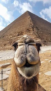 A camel is looking at the camera with its mouth open. The scene is set in front of the Great Pyramid of Giza