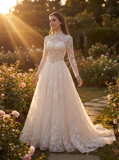 Ivory Lace Wedding Dress With Champagne Lining, Long Sleeve High Neck A-line Corset Bridal Gown - Etsy