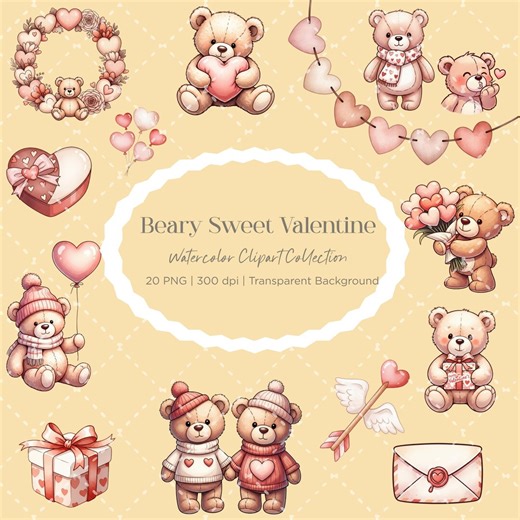 Valentine Teddy Bear Clipart – Watercolor Bear Graphics (digital Download) - Etsy