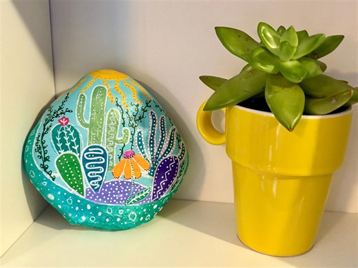 Hand Painted Desert Cactus Rock Art – Southwest Stone Decor, Sun Flower Design - Etsy