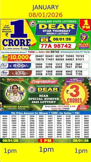 08/01/2026 1pm Nagaland State Dear Lottery Result | Live Dear Morning, Day & Night Result #Shorts