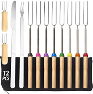 Marshmallow Roasting Sticks - 32 Inch Extendable Stainless Steel BBQ Sticks Hot Dog Sticks for Campfire with Corn Holders, Barbecue Knife & Fork, Portable Bag (12 Pack)