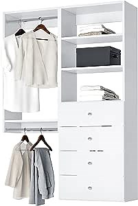 Closet Kit with Hanging Rods, Shelves & Drawers - Corner Closet System - Closet Shelves - Closet Organizers and Storage Shelves (White, 54 inches Wide) Closet Shelving