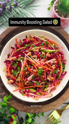 Vandana Garg on Instagram: "Immunity Boosting Salad Here’s a simple and tasty ABC Salad recipe—named for its main ingredients: Apples, Beets, and Carrots. It’s super fresh, crunchy, and colorful, naturally detoxifying and nutrient-rich recipe. Ingredients • 1 cup apple, julienned • 1 cup carrot, julienned • 1 cup beetroot, julienned • 1 tbsp lemon juice • 1/4 cup pomegranate • Salt, to taste • 1/2 tsp black pepper powder • 1/4 cup coriander leaves • 2-3 tbsp walnuts, chopped Instructions 1. Wash