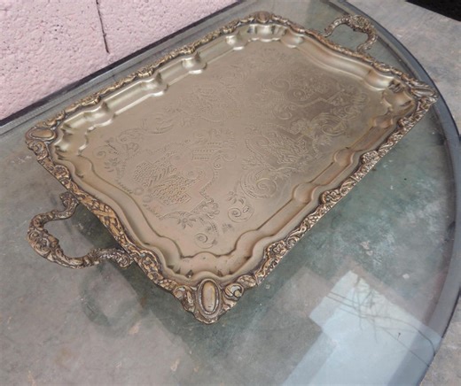 Vintage Solid Copper Serving Tray, Ornate Engraved Butler Tray With Handles, Antique Baroque Style Tea & Coffee Platter, Heavy Solid Copper - Etsy