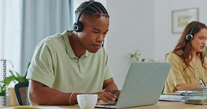 Customer service, remote work with a black man consulting in a home office using a laptop and headset. Contact us, support and telemarketing with a male freelance consultant working in a house