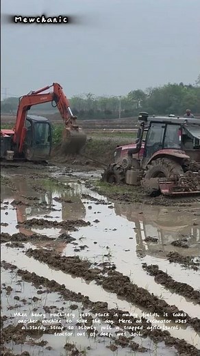 Excavator Pulls Out Stuck Tractor - Farm Rescue!