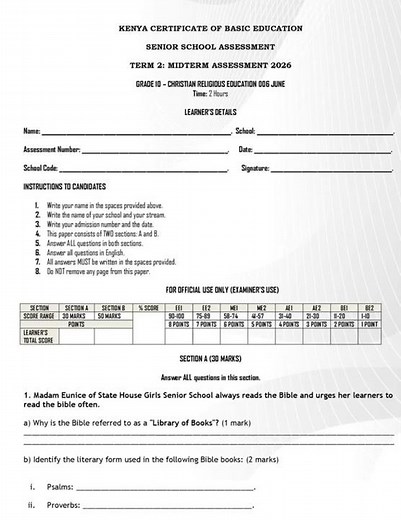 Grade 10 CRE Mid Term 2 2026 Exam