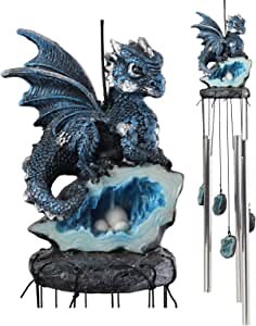 Ebros Gift Medieval Blue Dragon Guarding Aquamarine Crystal Geode Rock Figurine Crown Top Resonant Wind Chime with Miniature Geode Rocks Ornaments for Garden Patio Home Fantasy Dungeons and Dragons
