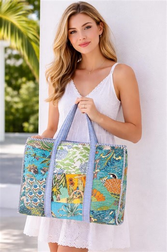 Turquoise Patchwork Quilted Zipper,handmade Cotton Patchwork Handbag | Large Travel Tote | Boho Shoulder Bag - Etsy