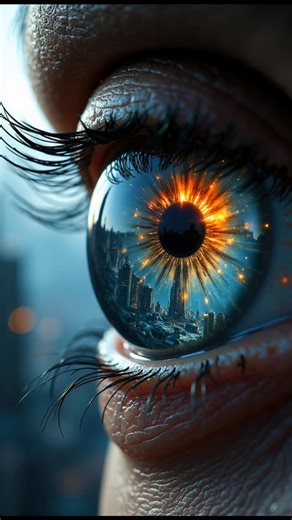 prasad_Ai_creator on Instagram: "A woman eye of galaxy A close-up of a female human eye with mascara lashes, gorge ous monochromatic makeup and textured skin, the vibrant gre en iris reflecting a futuristic Seattle city skyline silhouetted aga inst a fiery orange sunset, with radiant beams and sparkling e mbers pulsing outward from the central black pupil like an expl oding star, while the eye subtly blinks and dilates, causing the Space Needle to shimmer and interact dynamically with swirli ng 