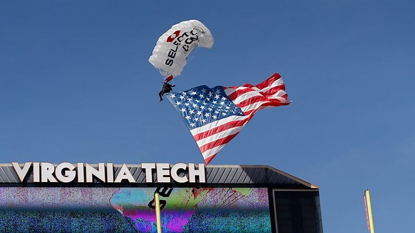 Skydiver gets rescued after crashing into scoreboard before Virginia Tech spring game