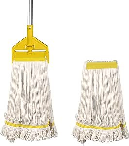 KULED Heavy Duty Industrial Mop, Commercial Cotton Mop with 59 Inch Handle, Looped-End String Wet Mops with 2 Heads for Floor Cleaning, Workshop, Warehouse, Home and Garage