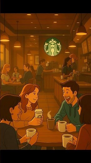 Animated video of a cozy Starbucks café filled with happy customers and baristas.