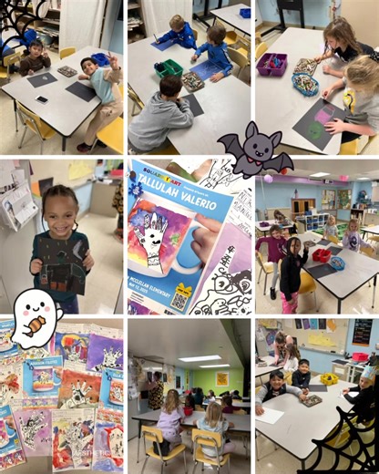 So much first grade fun 👻🎃✨ Ms. Fernandes' 1st grade art class created spooky Halloween themed witches and Frankensteins while counting down the days until Halloween! These little artists also showed off their Square1Art to send in orders to get their very own art on different items. | West Jefferson Hills School District