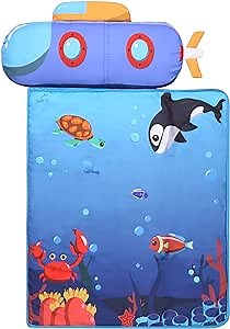 Blue Submarine Toddler Nap Mat, Kids Sleeping Bag with Blanket and Pillow, Toddler Bed for Daycare, Preschool, or Kindergarten, Measures 44 X 20 X 1 Inches