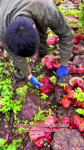A Forager Harvests Wild Reishi Mushrooms In The Forest