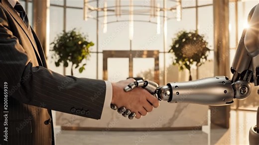 Human businessman shakes robot hand in lobby showing business partnership. Robot and human handshake for technology deal. Businessman with robot creates partnership. Human meets robot in lobby.