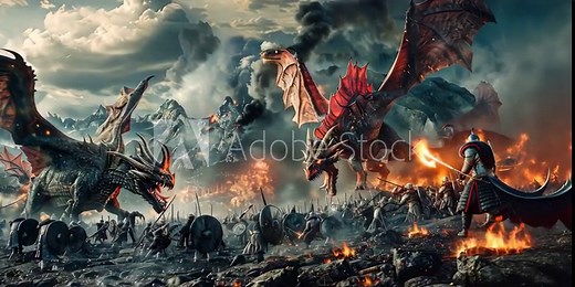Epic battle scene with Viking warriors fighting alongside dragons against a common enemy, fire-breathing dragons lighting up the battlefield, and an intense sky filled with smoke, 4K Video