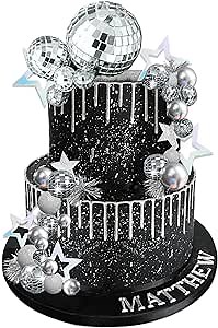 Disco Ball Cake Topper Mirror Balls Cake Decorations with Silver Stars Cake Topper for 70s 80s Disco Dance Saturday Night Fever Birthday Supplies (Style 1)