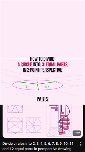 Samushca on Instagram: "To split a circle into 3 equal parts in 2 point perspective it is faster to use just the diagonal method, send the middle lines through the center point to the vanishing points. Split one of the halves again and here are your three points. In the full video on my YouTube I show how to divide an ellipse into 2, 3, 4, 5, 6, 7, 8, 9, 10, 11 and 12 parts in 1 and 2-point perspective. And also draw a spiral staircase using 12 segments of the ellipse for symmetry. Also I posted