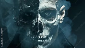 Horror skull man. Halloween horror concept art. Split face. Half skull and half skeleton. Fantasy cinematic supernatural style. Day of the dead. Video 4K