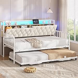 ADORNEVE Daybed with Trundle, Twin to King Daybed with Charging Station & LED Lights, Metal Trundle Bed Twin with Hidden Storage Headboard, Upholstered Sofa Day Bed for Living Room, Bedroom, White