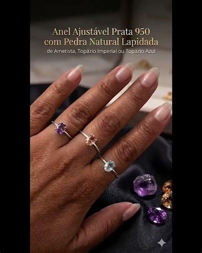 Anel Feminino Ajustável Prata 950 Pedra Lapidada Ametista Topázio Azul e Topázio Imperial #prata925