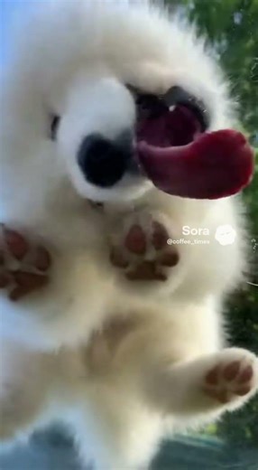 【神視点】下から見たサモエドのベロが可愛すぎた / Samoyed Puppy Licking Glass: Under-Table View #shorts