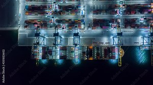 Time lapse Container , container ship in export and import business and logistics. Shipping cargo to harbor by crane. Water transport International. Aerial view and top view.