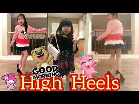 Kids with High heels shoes walking growing up, fun kids fashion show walking in high heels shoes