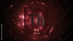 Thorium as Element 90 of the Periodic Table. Seamlessly looping 3D animation on red illuminated atom design background orbiting electrons name, atomic weight element number in Korean language