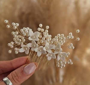 Handmade Bridal Hair Comb | Gold Floral Hairpiece With Ceramic Flowers & Pearls | Elegant Wedding Accessory for Brides, Bridesmaids - Etsy UK